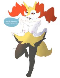 absurd_res anthro azucana braixen breasts female generation_6_pokemon genitals hi_res looking_at_viewer nintendo nipples paws pokémon_(species) pokemon pokemon_(species) presenting pussy smile solo speech_bubble text video_games