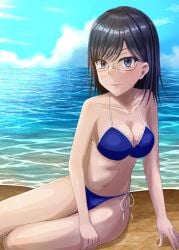 1girls 2020s 2021 bare_shoulders bare_thighs beach bikini black_hair blue_bikini blue_eyes blush breasts cleavage cloud collarbone female halya_meri hi_res konori_mii large_breasts light-skinned_female light_skin looking_at_viewer midriff navel ocean outdoors sand short_hair sitting sky smile solo swimsuit thighs to_aru_kagaku_no_railgun to_aru_majutsu_no_index water