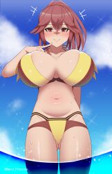 1girls alternate_costume anna_(fire_emblem) anna_(fire_emblem_awakening) ass_visible_through_thighs bare_midriff bare_thighs bikini breasts female female_only finger_to_cheek finger_to_mouth fire_emblem fire_emblem_awakening huge_breasts looking_at_viewer midriff nintendo ocean official_alternate_costume outdoors partially_submerged pibu ponytail red_bikini red_eyes red_hair red_swimsuit redraw short_hair skindentation smile solo sweat swimsuit thighs uncensored water wet yellow_bikini yellow_swimsuit