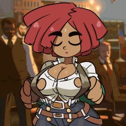 1boy animated bouncing_breasts breasts bursting_breasts cartoon_physics cleavage dark-skinned_male female gigantic_breasts giovanna_(guilty_gear) guilty_gear highres huge_breasts jellot large_breasts red_hair shiny shiny_skin when_you_see_it