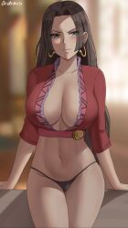 1girls angry black_hair black_thong blue_eyes boa_hancock breasts cleavage female female_only huge_breasts indoors light-skinned_female light_skin long_hair no_pants no_skirt one_piece oroborusart savagexthicc slim_waist thick_thighs thong wide_hips