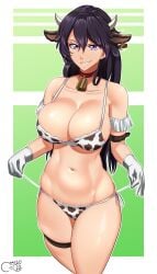 1girls animal_ears bambietta_basterbine bikini black_hair bleach bleach:_the_thousand-year_blood_war breasts castell cow_bikini cow_ears cow_girl cow_horns cowbell female gloves highres horns large_breasts light-skinned_female light_skin long_hair purple_eyes swimsuit