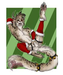 2022 4_ears 4_horns anthro arm_warmers armwear balls biped black_body black_fur charr christmas christmas_clothing claws clothing dewclaw digital_media_(artwork) digitigrade fangs felid finger_claws fluffy fluffy_tail fur genitals girly green_tail guild_wars hair hand_behind_head hi_res holidays horn leg_warmers legwear looking_at_viewer male mammal mottled mottled_nose mottled_pawpads mottled_tongue multi_ear multi_horn one_eye_closed pawpads paws raised_leg red_eyes solo tan_body tan_fur tan_hair tongue tongue_out vampirika video_games white_balls white_body white_fur white_sheath wink winking_at_viewer