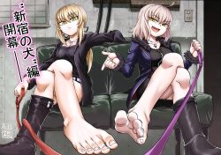 2girls 5_toes artoria_pendragon_(alter) background barefoot boots_removed collar crossed_legs fate/grand_order fate_(series) feet first_person_view foot_fetish highres jeanne_alter looking_at_viewer serious_look short_hair sitting smile smug sofa toenails toes translation_request white_hair yellow_eyes yuzu_gin_(pika97)