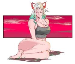 bare_shoulders barefoot feet female female_only full_body horns jobin_chan no_panties one_piece sitting white_hair yamato_(one_piece) yellow_eyes