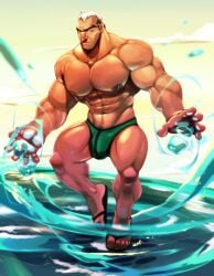 balls bara blizzard_entertainment bulge cursedmarked dilf floating looking_at_viewer male male_only muscles muscular overwatch penis sandals sigma_(overwatch) solo solo_male water