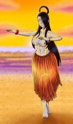 1girls alternate_version beach black_hair breasts capcom commission dancing deviantart female female_only flower_bracelet grass_skirt gray_nipples green_bracelet grey_skin hula hula_dancer hula_skirt long_hair nairod103098 navel nipples seth_(doll_unit_0) seth_(street_fighter) smile smiling solo street_fighter street_fighter_v sunset topless topless_female visible_nipples yellow_eyes