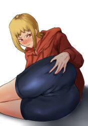 1girls big_ass bike_shorts blonde_hair bubble_butt cameltoe chainsaw_man female female_only grabbing_own_ass groping_ass hayatomoon hoodie looking_back mappa sawatari_akane short_shorts tight_clothing