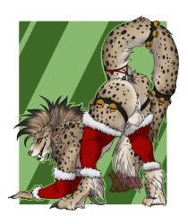 2022 4_horns all_fours alpha_channel anthro anus arm_warmers armwear ass ass_up ball_tuft balls biped black_body black_fur charr christmas christmas_clothing claws clothing dewclaw digital_media_(artwork) digitigrade fangs felid finger_claws fur genitals girly green_background guild_wars hi_res holidays horn leg_warmers legwear looking_at_viewer looking_back looking_back_at_viewer male mammal multi_horn multicolored_body multicolored_fur pawpads paws perineum presenting presenting_hindquarters red_eyes simple_background smile solo spots spotted_body spotted_fur tan_body tan_fur toe_claws tuft vampirika video_games white_body white_fur