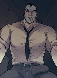 artist_request balls blizzard_entertainment blush boner bulge condom condom_in_mouth condom_wrapper dilf erection erection_under_clothes fully_clothed male male_only muscles necktie overwatch penis rolled_up_sleeves shirt sigma_(overwatch) solo solo_male