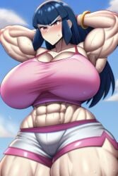 1girls abs absurd_res absurdres ai_generated armpits arms_up bare_arms bare_legs bare_midriff bare_shoulders bare_thighs biceps blue_hair blush bracelet breasts broad_shoulders camisole cleavage crop_top game_freak giantess gigantic_breasts huge_breasts large_breasts looking_at_viewer massive_breasts midriff midriff_baring_shirt muscle muscle_growth muscles muscular muscular_arms muscular_female muscular_legs muscular_thighs nintendo obliques pink_camisole pink_crop_top pink_tank_top pixai pokemon pokemon_hgss red_eyes sabrina_(pokemon) sabrina_(pokemon_hgss) short_shorts shorts spaghetti_strap stable_diffusion sweat sweating sweaty tank_top thick_arms thick_thighs thighs veiny_muscles voluptuous voluptuous_female white_shorts wide_hips