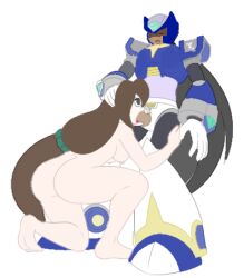 ass breasts brown_hair fellatio iris_(mega_man) mega_man_x nipples nude penis zero_(mega_man)