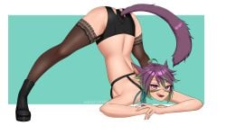 1girls animal_ears ass black_socks cat_ears cat_tail catgirl final_fantasy final_fantasy_xiv garter_belt humanoid jack-o_pose kemonomimi lace-trimmed_socks lace-trimmed_thighhighs light_skin lingerie miqo'te pink_eyes purple_hair socks stockings themelkcoffee thigh_socks thighhighs tongue tongue_out vika_venkan