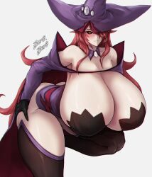 1girls alternate_breast_size arc_system_works artist_signature barely_contained black_sclera blazblue breasts cleavage female gigantic_breasts hat huge_breasts konoe_a_mercury large_breasts large_hat leaning_forward light-skinned_female light_skin long_hair massive_breasts nine_the_phantom pink_hair thick_thighs wide_hips witch_hat yellow_eyes zer0artzer0