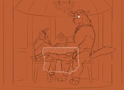 anthro bulge bulge_rubbing clothed clothing cricket_talot dungeons_and_dragons duo fek felid fully_clothed gazebo gnoll hasbro hat headgear headwear hi_res male male/male mammal restaurant surprise tabaxi tablecloth thacharay_weeds through_clothing under_table_footjob wizards_of_the_coast