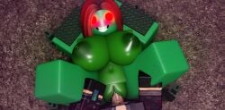 3d armor dominant_female green_skin hands_behind_head ivy_(scp:_the_red_lake) missionary_position moosty precum red_eyes red_hair roblox roblox_game robloxian scp:_the_red_lake scp_foundation self_upload tagme top_view vine_tentacles vines