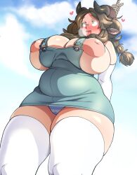 1girls ahe_gao arms_behind_back asphyxiation bare_shoulders belly big_breasts blue_sky blush braid braided_hair breasts breasts_out brown_hair chubby chubby_female cleavage cloud cow_ears cow_girl cowboy_shot curvaceous curvy day daytime elbow_gloves enjoying enjoyment eyes_crossed female female_only fupa glasses hands_behind_back hanged happy happy_female hearts_around_head horns huge_breasts humanoid imminent_death inverted_nipples large_areolae legs_together long_hair looking_pleasured loving_it low-angle_view masochism no_bra noose outdoors overall_skirt peril puffy_areolae rope round_glasses ryo_agawa shimapan sidelocks skindentation smile solo striped_panties thigh_highs thighhighs third-party_edit upskirt venus_body voluptuous white_elbow_gloves white_gloves white_thighhighs zettai_ryouiki