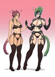 2022 2girls au_ra black_bra black_panties bra breasts cat_ears cat_tail clothing female female_only ferelia_ctesias final_fantasy final_fantasy_xiv garter_belt gloves green_hair hiiluigi kemonomimi lingerie marvel matching_underwear miqo'te multiple_girls open_mouth panties pink_eyes purple_hair red_eyes scales short_hair spread_legs standing stockings symbiote tail venom vika_venkan wide_hips