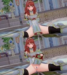 3d blush celica_(fire_emblem) clothes_lift exhibitionism exhibitionist fire_emblem fire_emblem_echoes:_shadows_of_valentia flashing flashing_pussy fully_clothed jollyoldsoldier koikatsu lifted_by_self naughty_face naughty_smile no_panties no_panties_under_skirt pubic_hair sitting spread_legs