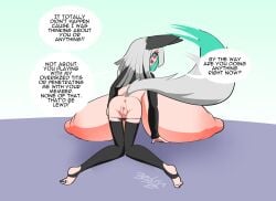 animal_humanoid anus areola barefoot big_breasts blush breast_expansion breasts canid canid_humanoid canine canine_humanoid dialogue expansion fangs feet female fox_humanoid fuyumi_(zedrin) genitals green_eyes grey_hair grey_sclera hair hi_res huge_breasts humanoid hyper hyper_breasts mammal mammal_humanoid nipples pussy signature smile solo speech_bubble tail_motion tailwag text zedrin