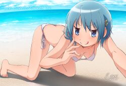 ass ass_cleavage bare_shoulders barefoot beach bikini blue_eyes blue_hair butt_crack day daytime feet female_only human human_only legs light-skinned_female light_skin magical_girl mahou_shoujo_madoka_magica maminagireo miki_sayaka sea seaside short_hair smile solo solo_female toes tongue white_skin yanmaami young