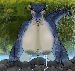 anthro anthro_female anthro_focus anthro_only big_breasts blue_body blue_skin breasts claws collar female female_focus female_only furry jakearmorsmith juice_tits kroxigor lifted lizard lizard_girl lizard_humanoid lizard_tail lizardman_(warhammer_fantasy) looking_at_viewer nipples orange_eyes pierced_ears reptile reptile_humanoid scaly_skin sharp_teeth supporting_body_with_arms warhammer_(franchise) warhammer_age_of_sigmar warhammer_fantasy water_drop wet wet_breasts wet_nipples