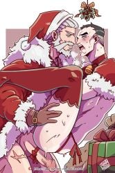 balls big_penis blizzard_entertainment blush christmas dilf gay imminent_anal imminent_sex male male_only mistletoe muscles nekitoototo overwatch penis reinhardt ribbon_on_penis sigma_(overwatch) spread_legs steamy_breath stockings sweaty