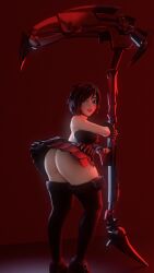 1girls 3d blue_eyes clothed colored_hair crescent_rose dat_ass dertstoboyo female female_only lia3d no_panties red_background red_hair ruby_rose rwby scythe solo standing weapon