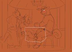 anthro bulge clasped_hands clothing cricket_talot dragonborn_(dnd) dungeons_and_dragons fek felid gazebo gnoll group hasbro hat headgear headwear hi_res male male/male mammal menu ordering_food paws restaurant tabaxi thacharay_weeds trio under_the_table waiter wizards_of_the_coast