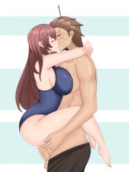 abs antenna arm_behind_head breasts brown_hair carrying chibi_(chibipower) chibipower closed_eyes clothed feet holding kissing muscular muscular_male penis pussy_juice saliva school_swimsuit sex shorts solo_female solo_male swimsuit swimwear vaginal_penetration vindows vindows98 virtual_youtuber vtuber