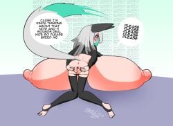 <3_eyes animal_humanoid anus areola barefoot begging_for_sex bent_over big_breasts blush bodily_fluids breast_expansion breasts breeding_request canid canid_humanoid canine canine_humanoid dialogue expansion fangs feet female fox_humanoid fuyumi_(zedrin) genitals green_eyes grey_hair grey_sclera hair heart hi_res huge_breasts humanoid hyper hyper_breasts immobile mammal mammal_humanoid nipples on_breasts on_floor pussy signature smile solo speech_bubble spread_pussy spreading sweat tail_motion tailwag text zedrin