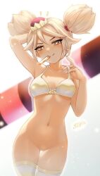 1girls 6yoshi9 bikini brawl_stars brown_eyes crown female_only hand_behind_head headwear looking_at_viewer mandy_(brawl_stars) no_panties pussy solo_female stockings thighs tummy twintails white_hair white_stockings