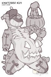 1boy anthro anthro_only black_and_white candy_gore hi_res inktober jack-o'-lantern knife leaking male male_only mammal moblie moblie_(character) monochrome mustelid otter piñata pumpkin_belly solo transformation