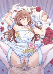 1boy ahoge armpits censored covered_nipples curtains dress earrings female flower gloves green_eyes highres humiyou idolmaster idolmaster_million_live! idolmaster_million_live!_theater_days jewelry light_brown_hair long_hair looking_at_viewer lying m_legs missionary mosaic_censoring on_back on_bed pillow pubic_hair pussy pussy_juice red_flower red_rose ring rose sakuramori_kaori sex sleeveless sleeveless_dress spread_legs sweat thighhighs vaginal_penetration white_dress white_gloves white_thighhighs