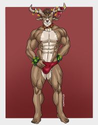 1boy 5_toes absurd_res anthro barefoot bell bell_collar capreoline christmas_lights clothing collar deer dolph_(fortnite) epic_games feet fortnite hi_res male male_only mammal nipples reindeer shirtless_anthro shirtless_male solo speedo swimwear toes triceramonster video_games