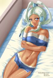 1girls arms_crossed avatar_the_last_airbender cleavage clothing eyelashes female female_focus female_only fuzzlogik hair_ornament large_breasts laying_down laying_on_bed looking_at_viewer seductive seductive_look shorts smile smiling solo solo_female solo_focus yue