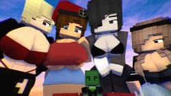 3d 4girls abs areola areola_slip areolae bikini bikini_top black_eyes black_hair blue_eyes clothed clothed_female crop_top cubanapple eyepatch female giant_female giantess goth jacket julia_(cubanapple) long_hair looking_down macro mine-imator minecraft nipples pants red_eyes scar shorts