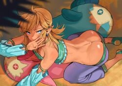 1boy arched_back ass_cleavage ass_shot azure_eyes bent_over blonde_hair blue_eyes breath_of_the_wild butt_crack crossdressing dancer dancer_outfit ear_ring exposed exposed_ass femboy feminine_male feminine_pose feminization gerudo_link gerudo_outfit gerudo_sirwal gerudo_top girly hands_and_knees hard_nipples human kneeling link link_(breath_of_the_wild) looking_at_viewer male male_only no_mask no_shoes on_floor pale_skin petite petite_body ponytail ponytails purple_pants seductive seductive_eyes sirwal slutty_outfit stuffed_animal stuffed_toy tamatamako the_legend_of_zelda trap