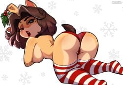 2022 4_fingers all_fours alyssa_bandicoot_(oc) anthro anus arm_covers_breast arm_over_breasts artist_name ass bandicoot barely_visible_anus big_breasts black_hair black_nose blush breasts brown_eyes brown_hair christmas crash_bandicoot_(series) eyebrows female fingers hair half-closed_eyes hi_res holding_mistletoe looking_back_at_viewer magaska19 mammal marsupial mistletoe mole_under_eye narrowed_eyes open_mouth panties plant short_brown_hair short_hair side_boob snowflake_background solo stockings striped_stockings tail teeth thigh_highs topless video_games