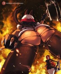 2girls ass ass_focus big_ass big_breasts cat_ears cat_tail catgirl claws dark-skinned_female dark_skin female fire nadia_fortune nice_ass parasoul red_hair rimpinvaca ripped_clothing ripped_pants skullgirls suitcase viewed_from_below white_hair yellow_eyes