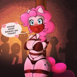 anthro big_breasts blush bondage bound breasts crotch_rope cutie_mark dialogue earth_pony english_text equid equine female friendship_is_magic gag group hasbro heart hi_res horse looking_at_viewer mammal my_little_pony open_mouth over_the_mouth_gag pinkie_pie_(mlp) pony restraints rope rope_bondage solo_focus straight_hair text tied_to_pole zeecibee