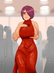 1girls big_breasts blue_eyes bob_cut busty crowd curvy curvy_female curvy_figure dress embarrassed female huge_breasts may_zedong nipples nipples_visible_through_clothing purple_hair rwby spit-take tan_skin trajectory voluptuous wide_hips