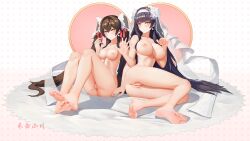 2girls absurdres bangs bare_legs bare_shoulders barefoot black_hair blush breasts bridal_veil brown_hair closed_mouth collarbone earrings feet flower full_body girls'_frontline hair_flower hair_ornament hair_ribbon hairband heart heart-shaped_pupils hebai_xiaochuan highres jewelry large_breasts legs lips long_hair looking_at_viewer medium_breasts multiple_girls nail_polish necklace nipples no_shoes nude official_alternate_costume on_floor pink_nails pussy red_ribbon ribbon ring simple_background sitting smile soles symbol-shaped_pupils thighs toes type_95_(girls'_frontline) type_95_(prairie_gentian_and_her_season)_(girls'_frontline) type_97_(girls'_frontline) type_97_(prayers_in_the_wind)_(girls'_frontline) veil very_long_hair wedding_ring white_hairband white_ribbon white_veil yellow_eyes