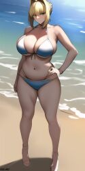 ai_generated beach big_breasts blonde_hair fate/grand_order fate_(series) green_eyes nai_diffusion nero_claudius_(fate) ptx-art stable_diffusion swimsuit thick_thighs third-party_edit