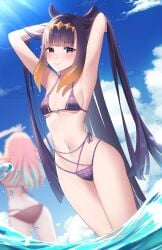 2girls :d beach blue_eyes female_focus fit_female flat_chest green_hair hololive hololive_english hololive_myth keipup light-skinned_female light_skin long_hair looking_at_viewer multiple_girls ninomae_ina'nis orange_hair purple_hair smile sun takanashi_kiara two_tone_hair virtual_youtuber water