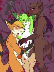 3:4 after_sex aki_the_kitsune anthro bed blush canid canine cody_(codythefennec) codythefennec cuddling female fennec flower_petals fox furniture galvoff group hi_res humanoid_genitalia knot male mammal petals pregnant pregnant_female trio wine_bottle