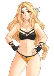 1girls absurdres alternate_costume ass_visible_through_thighs bandana bikini black_bikini black_swimsuit blonde_hair breasts brigid_(fire_emblem) cleavage curvy female female_only fire_emblem fire_emblem:_genealogy_of_the_holy_war hands_on_hips highres large_breasts light-skinned_female light_skin long_hair looking_at_viewer solo standing swimsuit thighs transparent_background tridisart two-tone_bikini wide_hips yellow_bikini yellow_swimsuit