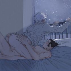 2boys anal anal_sex bed bed_sheet black_hair blue_blanket blush bom61487782 clothing dark_room detailed_background earrings gay headboard indoors jujutsu_kaisen male male_only moonlight muscular_male night nipples pillow railing satoru_gojo sky stars suguru_geto sweater wall white_hair white_pillow white_sweater white_wall window yaoi