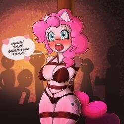 anthro big_breasts bikini blush bondage bound breasts clothing crotch_rope cutie_mark dialogue earth_pony english_text equid equine female friendship_is_magic gag gagtalk group hasbro heart hi_res horse looking_at_viewer mammal muffled_speech my_little_pony open_mouth pinkie_pie_(mlp) pony restraints rope rope_bondage solo_focus straight_hair stuff_gag swimwear text tied_to_pole zeecibee