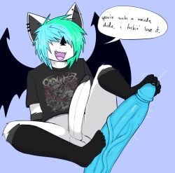 2022 aimpunch anthro band_shirt bat big_penis bottomless bottomless_male carnifex clothed clothing drakon_(aimpunch) emo erection fangs foot_fetish foot_play footjob genitals hair hair_over_eyes hi_res huge_cock humanoid_genitalia humanoid_penis hyper hyper_genitalia hyper_penis male male/male mammal penis sex vein veiny_penis wings